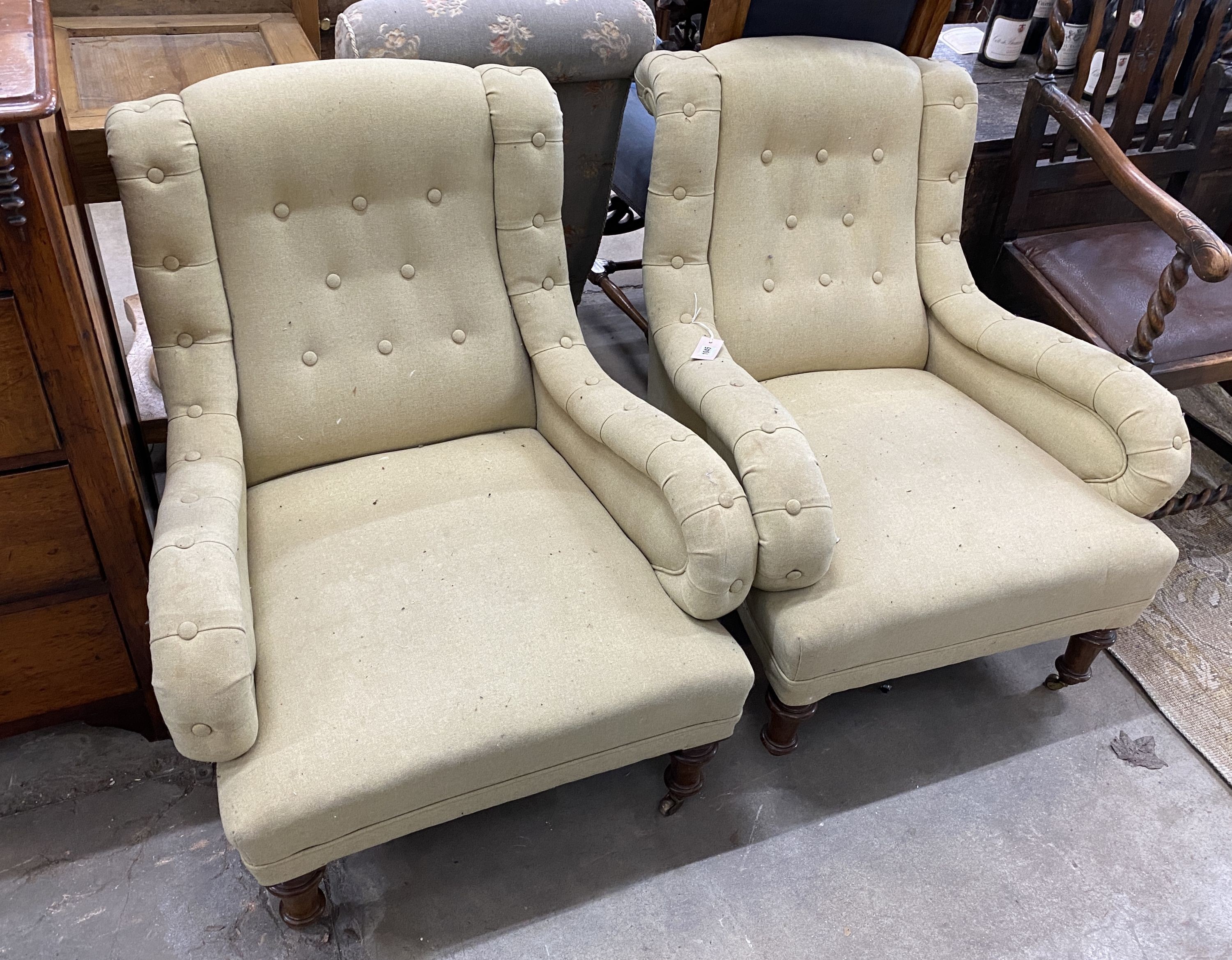 A pair of Victorian upholstered low elbow chairs, width 72cm, depth 80cm, height 80cm